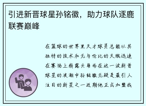 引进新晋球星孙铭徽，助力球队逐鹿联赛巅峰